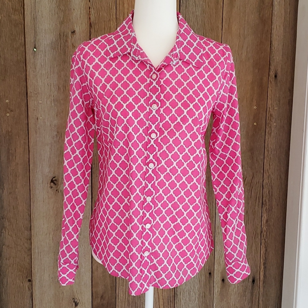 Crown & Ivy Preppy Button Down Blouse Hot Pink Size Small .